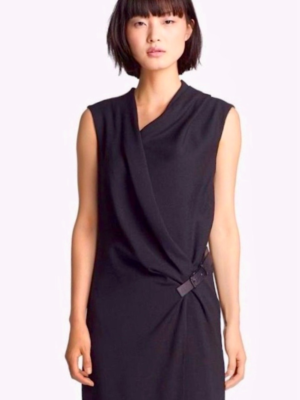 Helmut Lang Black Sleeveless Draped Midi Dress with Side Buckle
